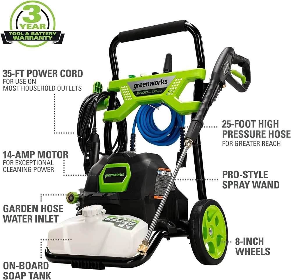 GPW2003 Greenworks (Marco Abierto), 2000 PSI 1.2 GPM, Hidrolavadora con garantía Premium