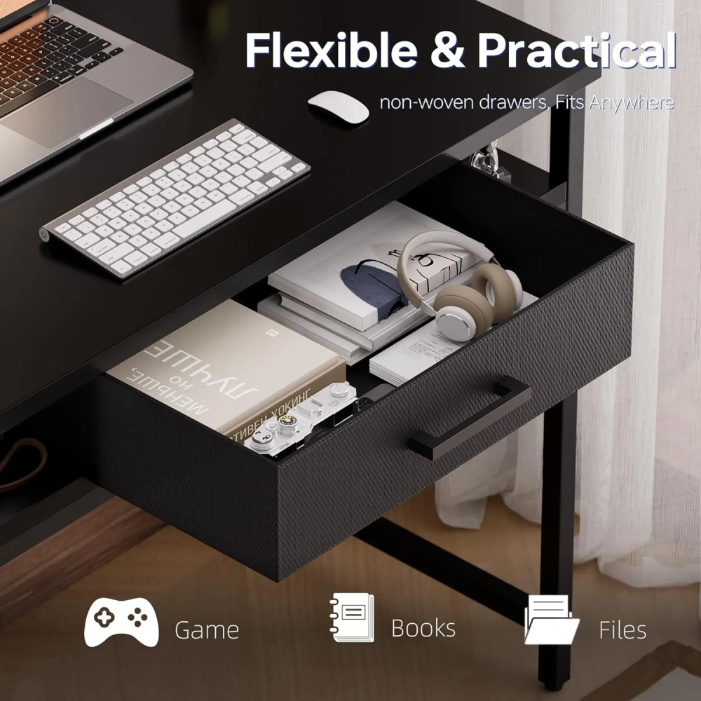 Escritorio compacto para computadora de 32 pulgadas con cajón y estantes — Mesa de estudio gris para dormitorio