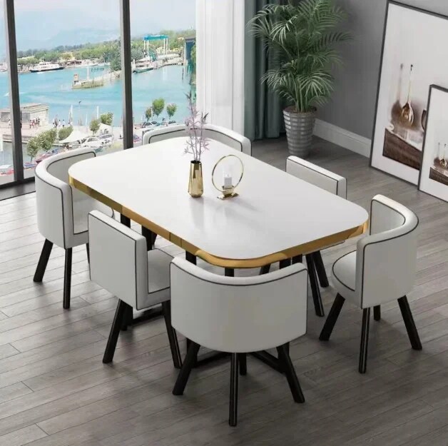Mesa de comedor clásica moderna con encimera de mármol blanco, nueva (2026), para sala de estar con juego de 6 sillas