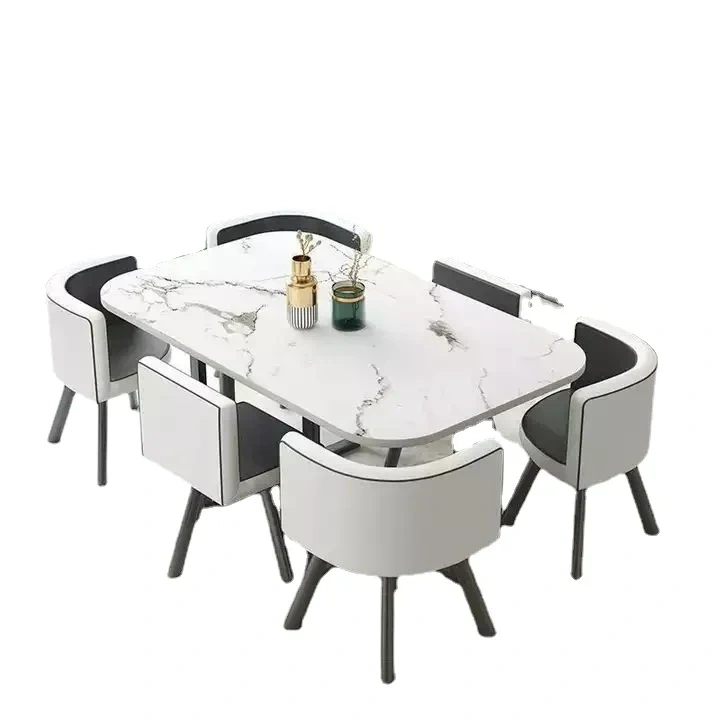 Mesa de comedor clásica moderna con encimera de mármol blanco, nueva (2026), para sala de estar con juego de 6 sillas