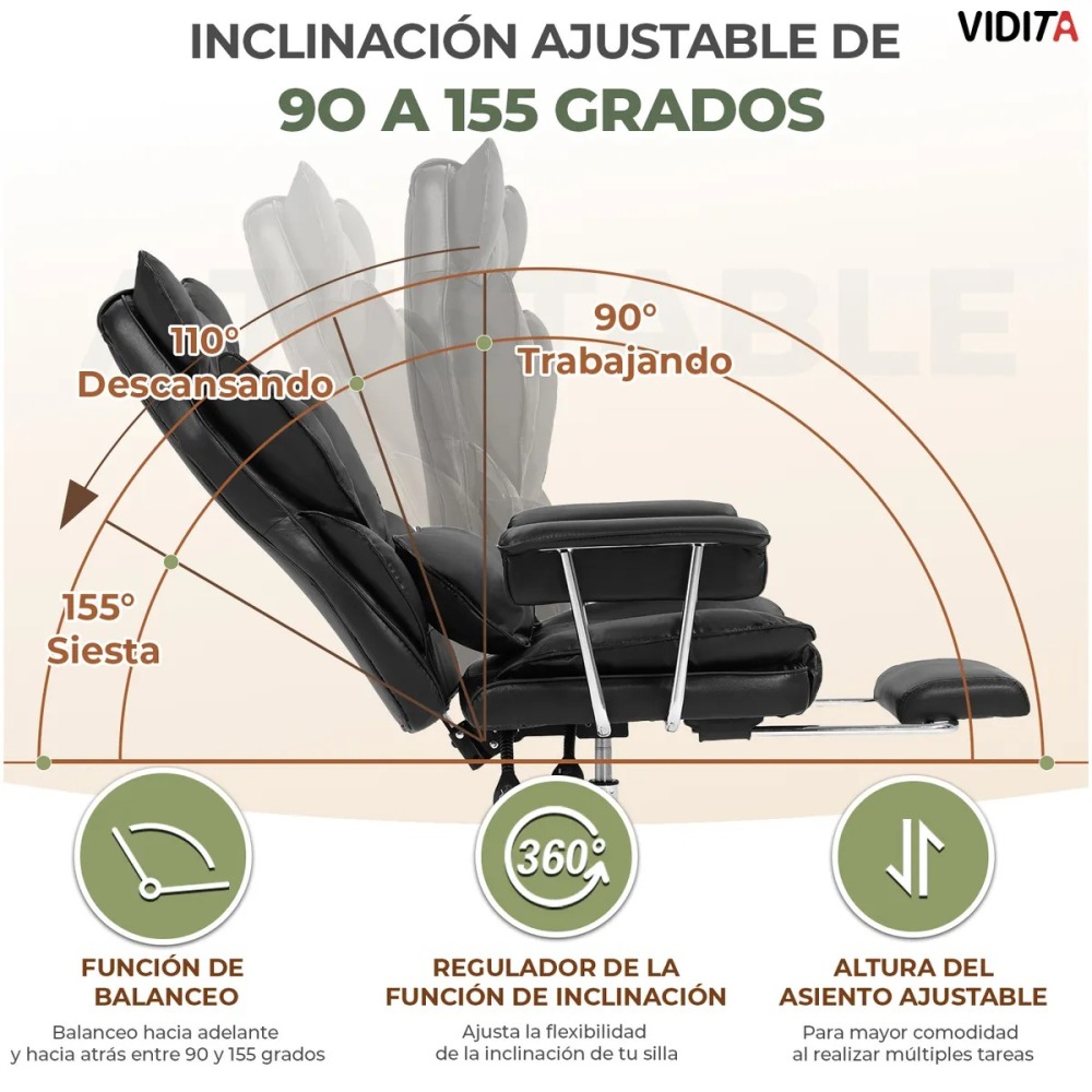Silla Escritorio Ejecutiva Emilio Premium+ Oficina Ergonómica Pu Negro
