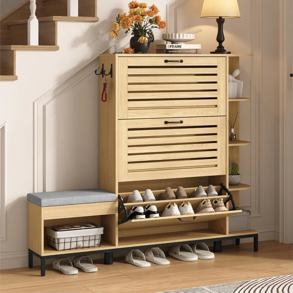 Zapatero estrecho con banco, 3 puertas abatibles de lamas y armario lateral de almacenamiento, organizador de zapatos de 44 pulgadas de alto, diseño personalizado.