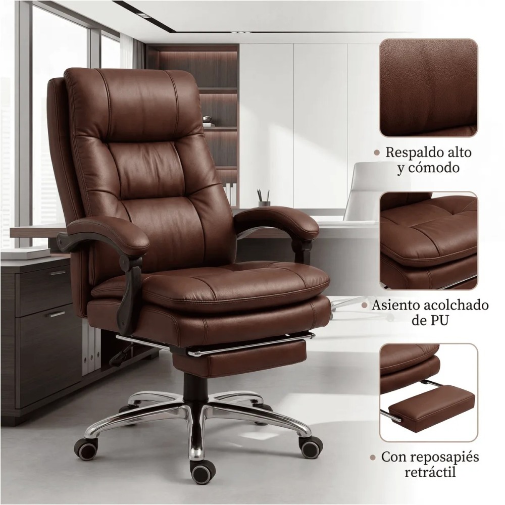 Silla Oficina Gerencial Asiento De Cuero Pata Acero Premium