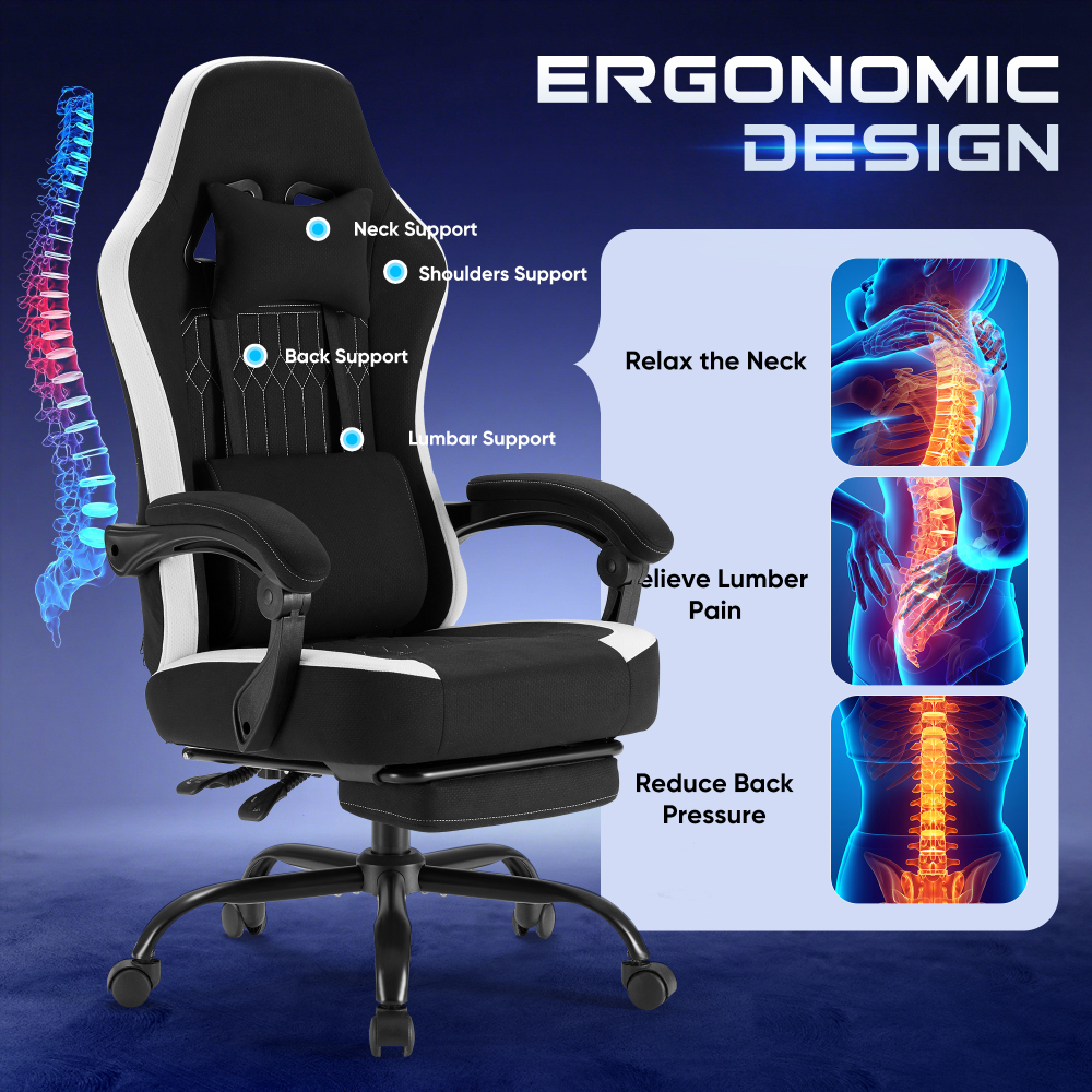 Silla ergonómica JHK para gaming y ordenador: altura ajustable, giro de 360°, con reposacabezas, soporte lumbar y reposabrazos articulados — Para oficina y hogar