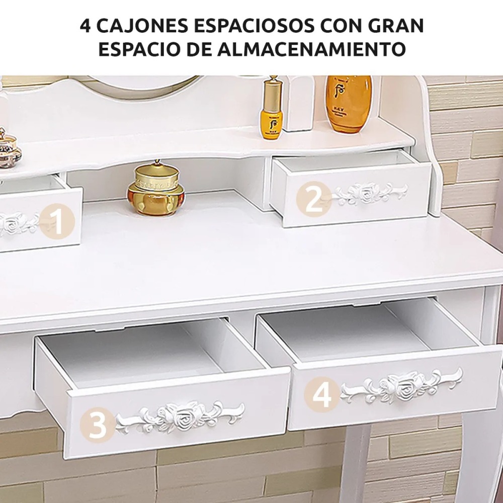 Tocador con espejo iluminado y taburete acolchado blanco