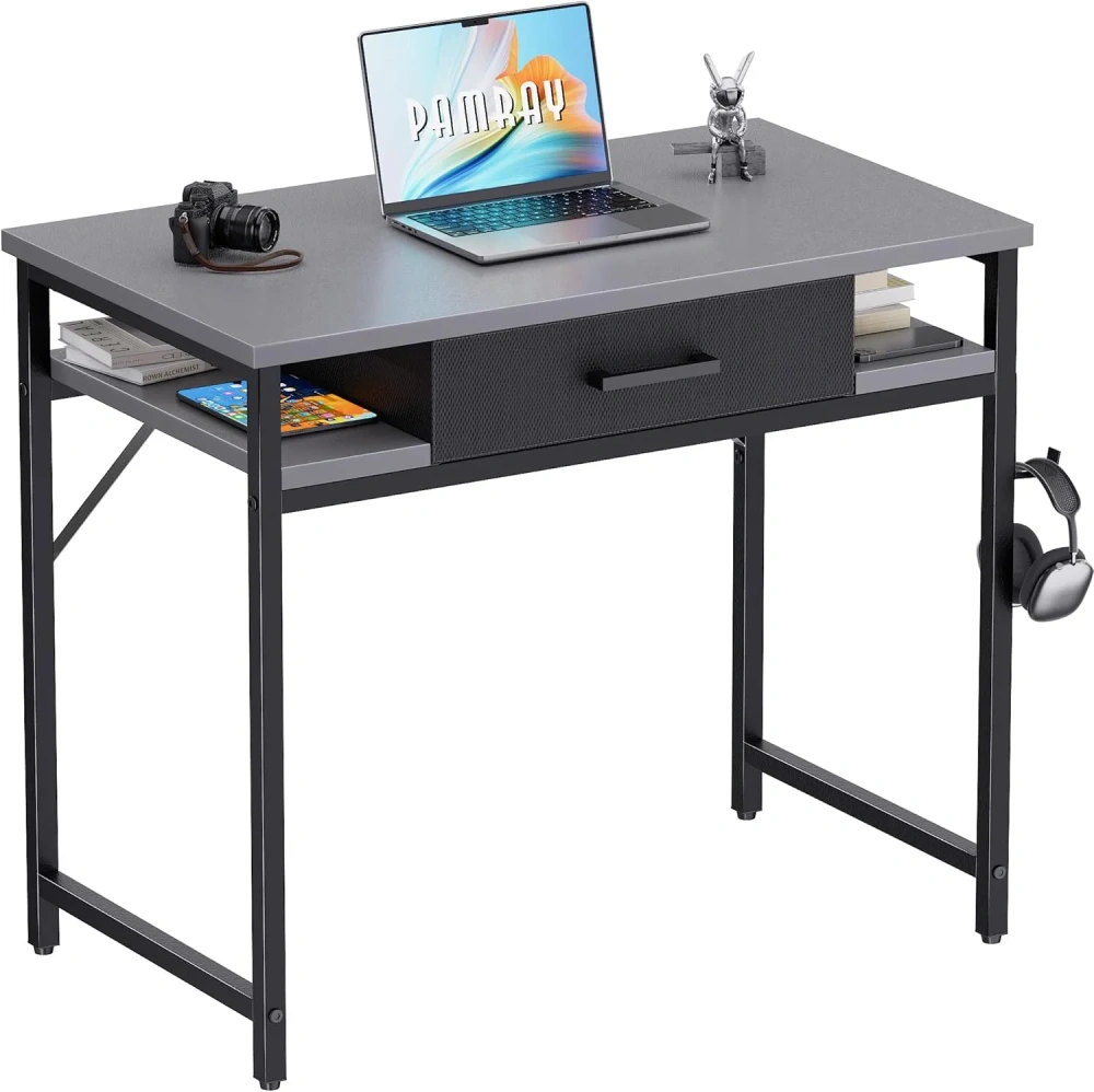 Escritorio compacto para computadora de 32 pulgadas con cajón y estantes — Mesa de estudio gris para dormitorio