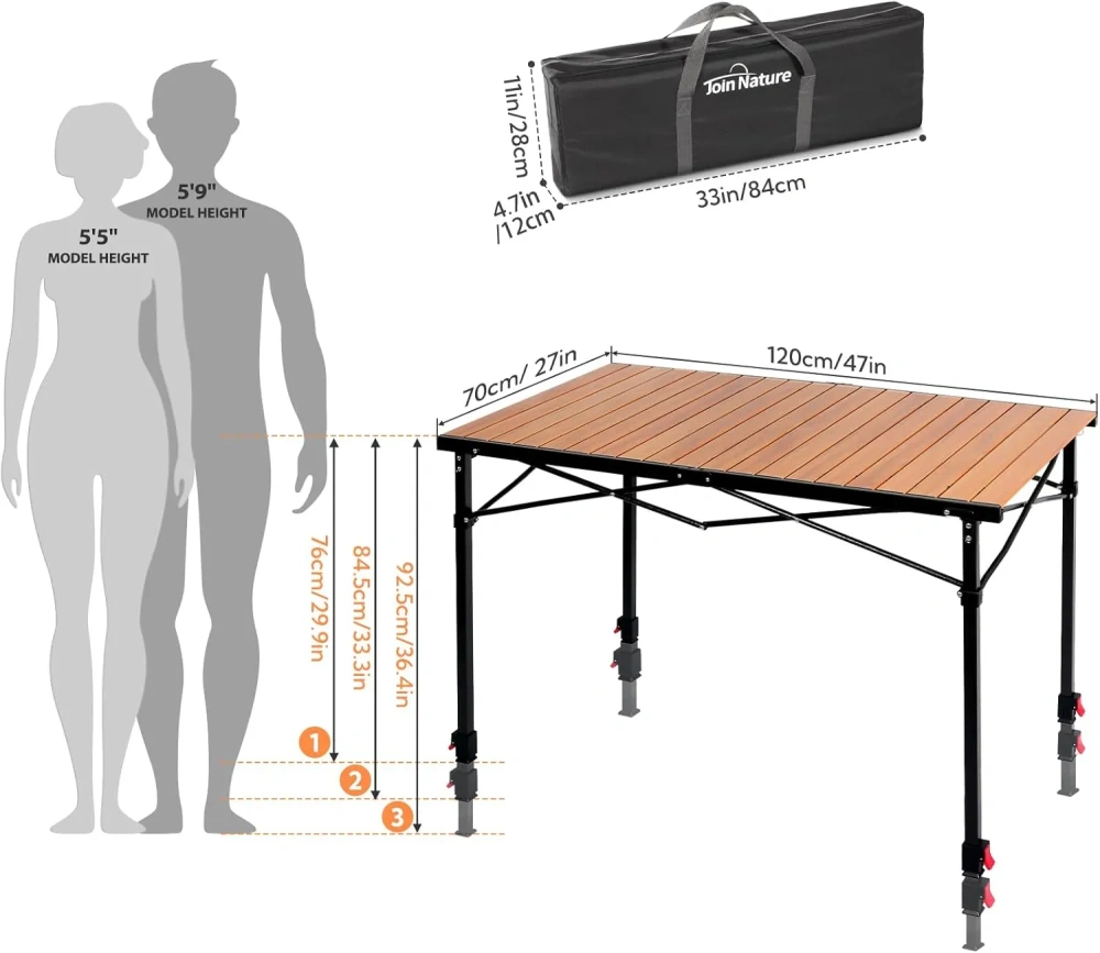 Mesa de camping de aluminio plegable y de altura ajustable para 2 a 6 personas