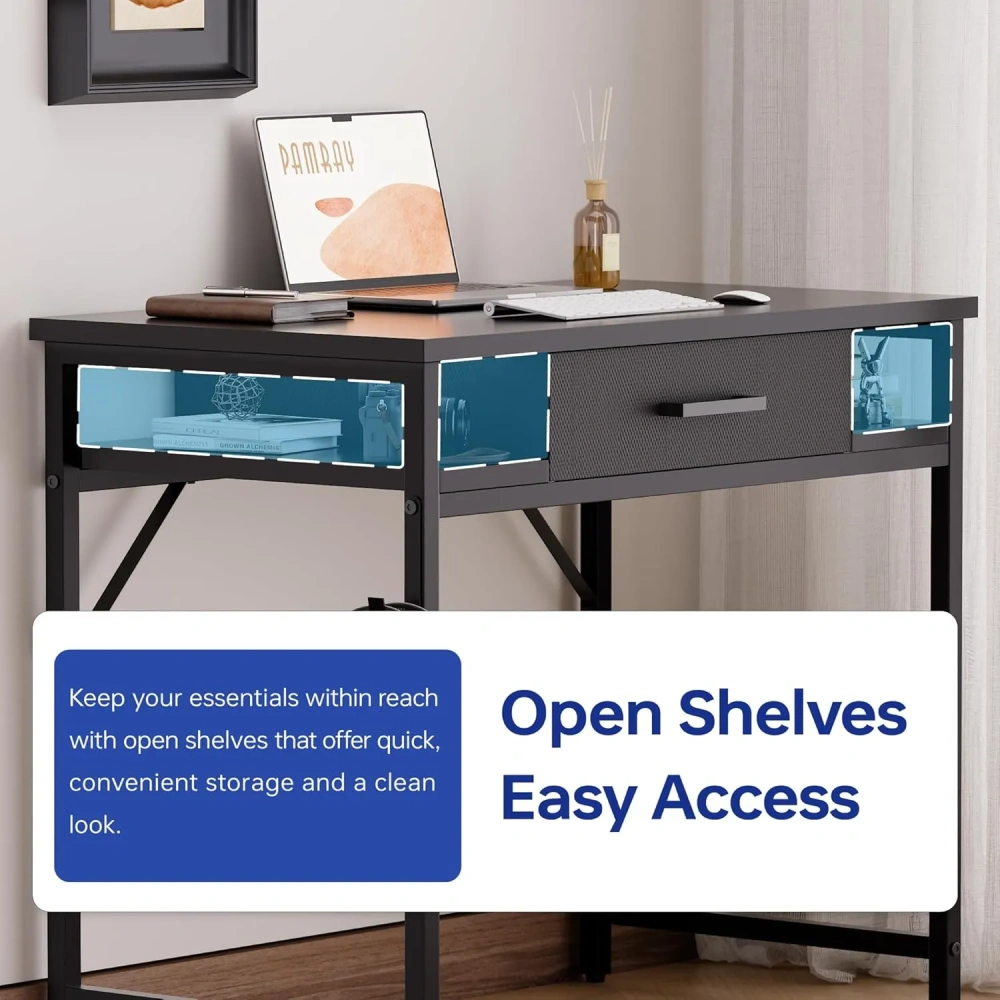 Escritorio compacto para computadora de 32 pulgadas con cajón y estantes — Mesa de estudio gris para dormitorio