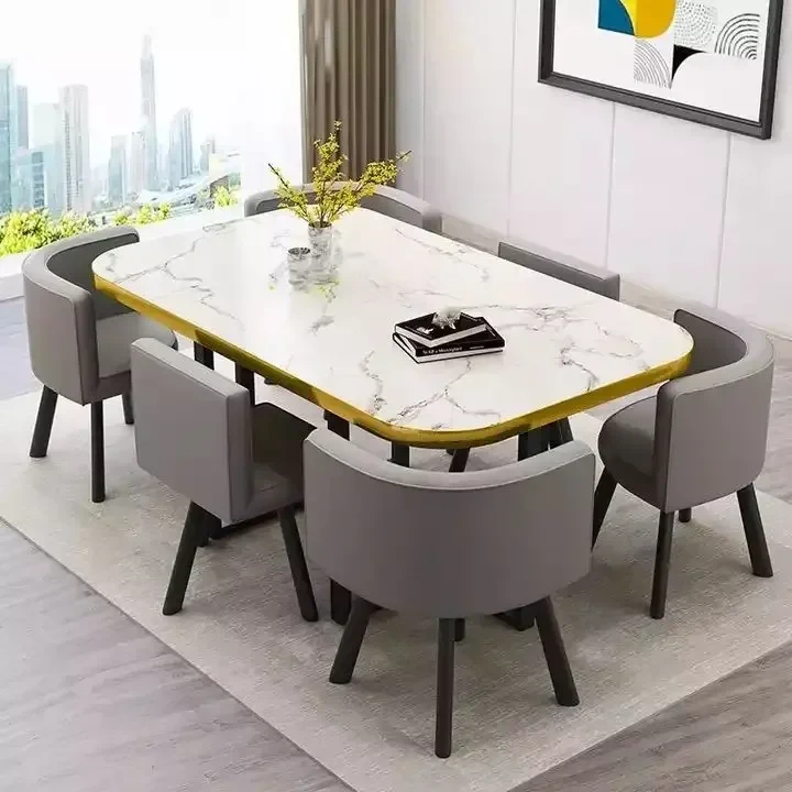 Mesa de comedor clásica moderna con encimera de mármol blanco, nueva (2026), para sala de estar con juego de 6 sillas