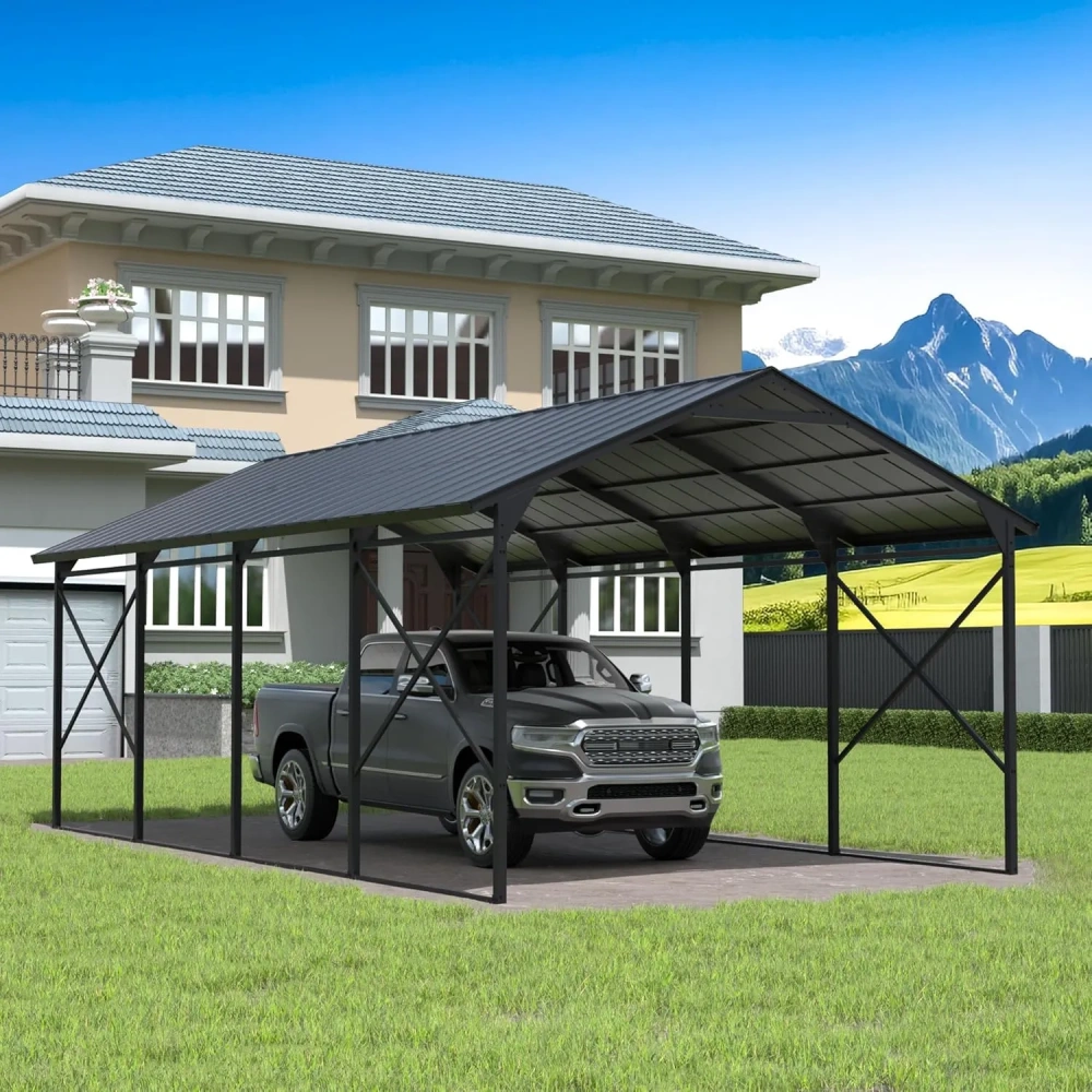 Cochera metálica de 12 x 22 pies (aprox. 3,6 x 6,7 m) para exteriores; garaje resistente de acero galvanizado con base y techo reforzados.