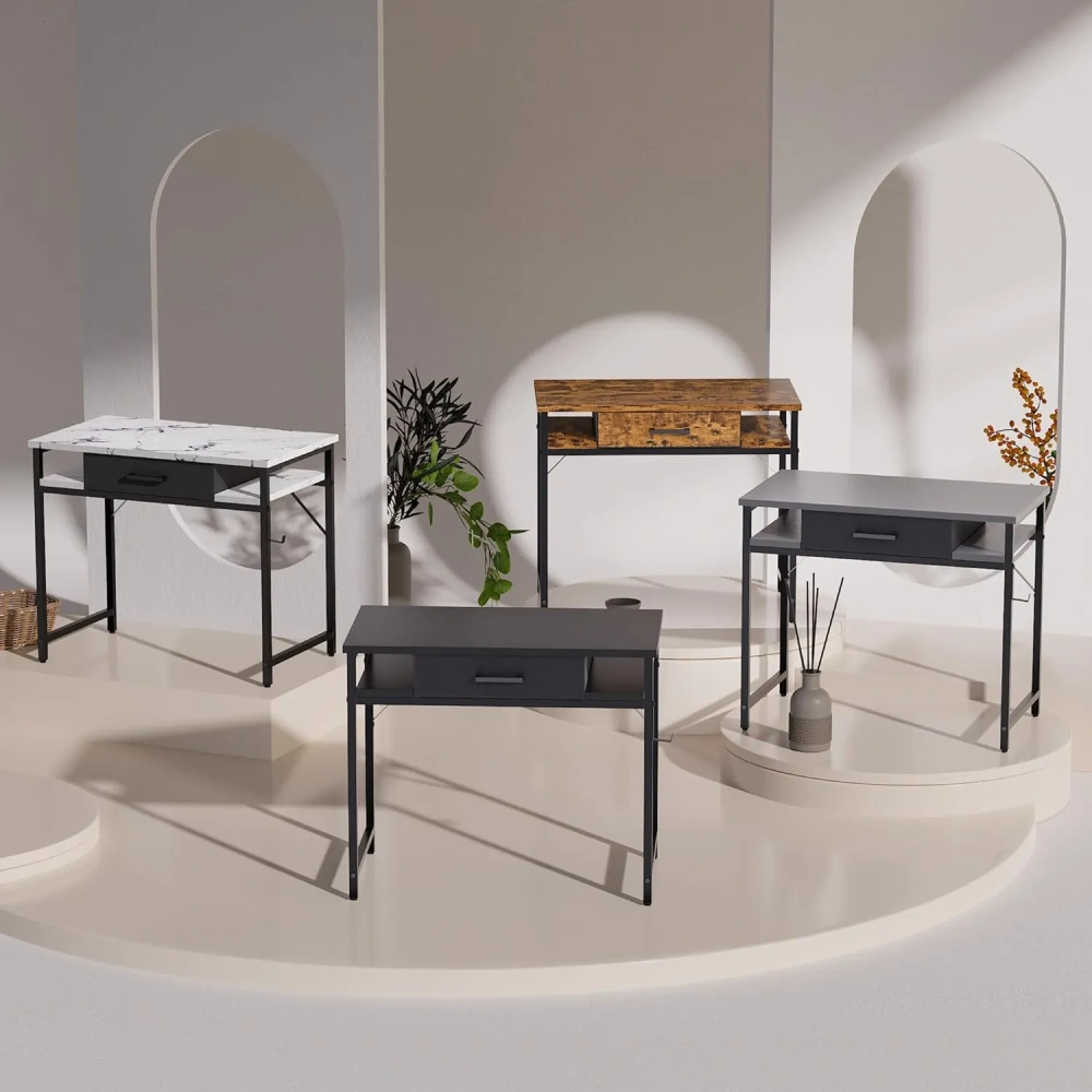 Escritorio compacto para computadora de 32 pulgadas con cajón y estantes — Mesa de estudio gris para dormitorio