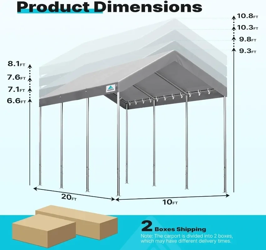 ADVANCE OUTDOOR - Carpa portátil resistente de 10 x 20 pies para coche, garaje, fiestas o refugio para embarcaciones; altura ajustable desde 9,5 pies.