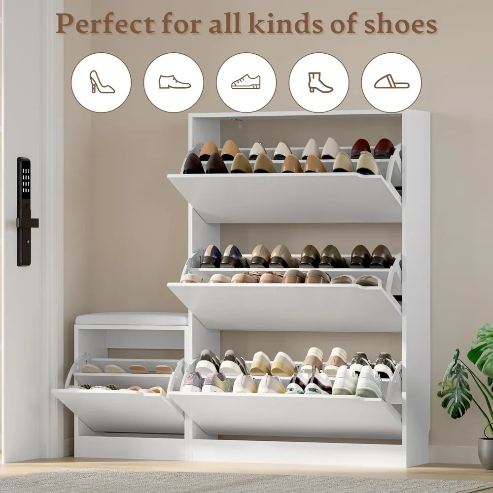 Zapatero estrecho con banco, 3 cajones abatibles, estantes ajustables y extraíbles, sistema antivuelco; ideal para entrada, pasillo o recibidor (personalizable)