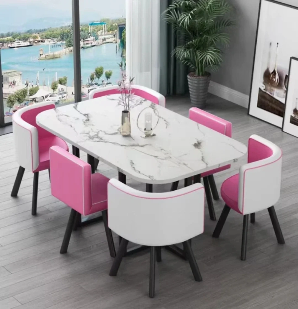 Mesa de comedor clásica moderna con encimera de mármol blanco, nueva (2026), para sala de estar con juego de 6 sillas