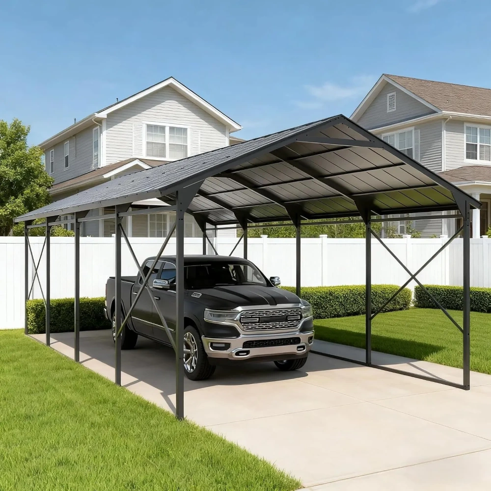 Cochera metálica de 12 x 22 pies (aprox. 3,6 x 6,7 m) para exteriores; garaje resistente de acero galvanizado con base y techo reforzados.