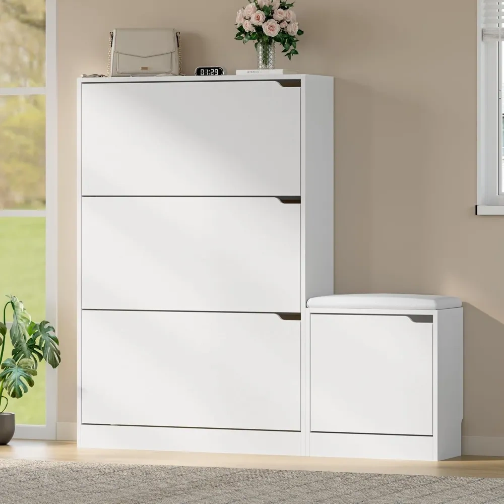 Zapatero estrecho con banco, 3 cajones abatibles, estantes ajustables y extraíbles, sistema antivuelco; ideal para entrada, pasillo o recibidor (personalizable)