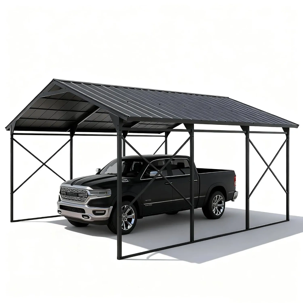 Cochera metálica de 12 x 22 pies (aprox. 3,6 x 6,7 m) para exteriores; garaje resistente de acero galvanizado con base y techo reforzados.