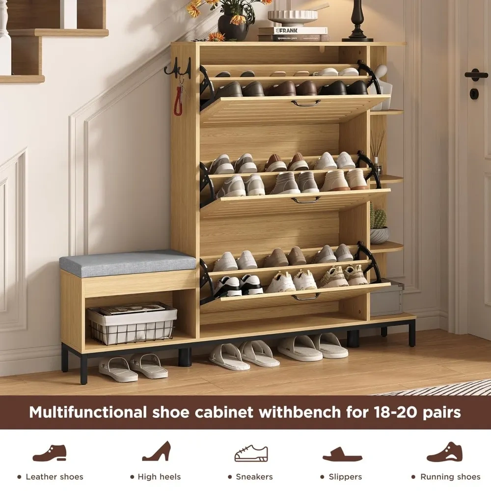 Zapatero estrecho con banco, 3 puertas abatibles de lamas y armario lateral de almacenamiento, organizador de zapatos de 44 pulgadas de alto, diseño personalizado.