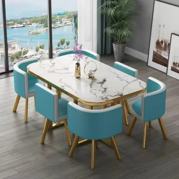 Mesa de comedor clásica moderna con encimera de mármol blanco, nueva (2026), para sala de estar con juego de 6 sillas