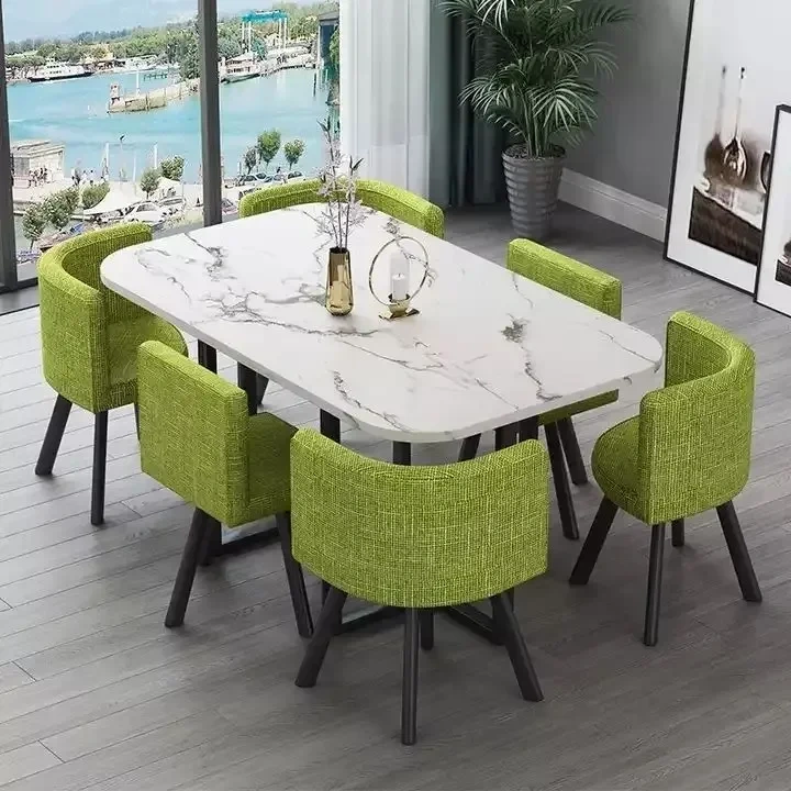 Mesa de comedor clásica moderna con encimera de mármol blanco, nueva (2026), para sala de estar con juego de 6 sillas