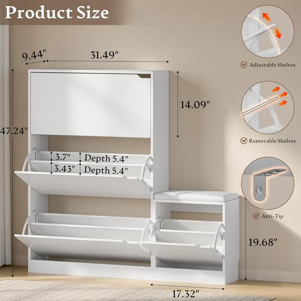 Zapatero estrecho con banco, 3 cajones abatibles, estantes ajustables y extraíbles, sistema antivuelco; ideal para entrada, pasillo o recibidor (personalizable)