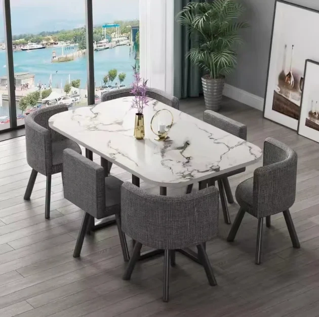 Mesa de comedor clásica moderna con encimera de mármol blanco, nueva (2026), para sala de estar con juego de 6 sillas