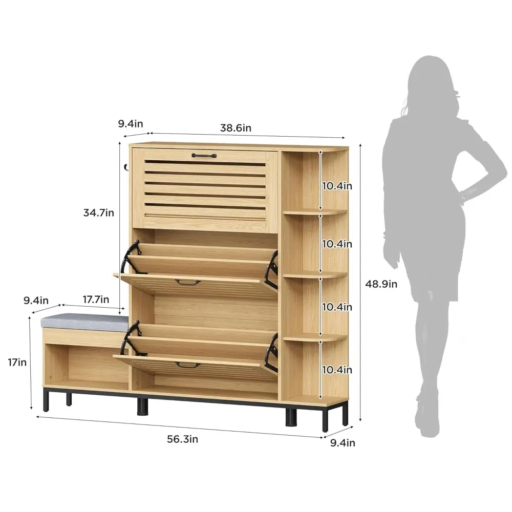 Zapatero estrecho con banco, 3 puertas abatibles de lamas y armario lateral de almacenamiento, organizador de zapatos de 44 pulgadas de alto, diseño personalizado.