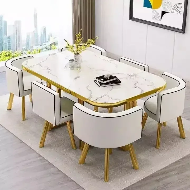 Mesa de comedor clásica moderna con encimera de mármol blanco, nueva (2026), para sala de estar con juego de 6 sillas