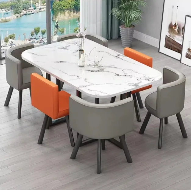 Mesa de comedor clásica moderna con encimera de mármol blanco, nueva (2026), para sala de estar con juego de 6 sillas