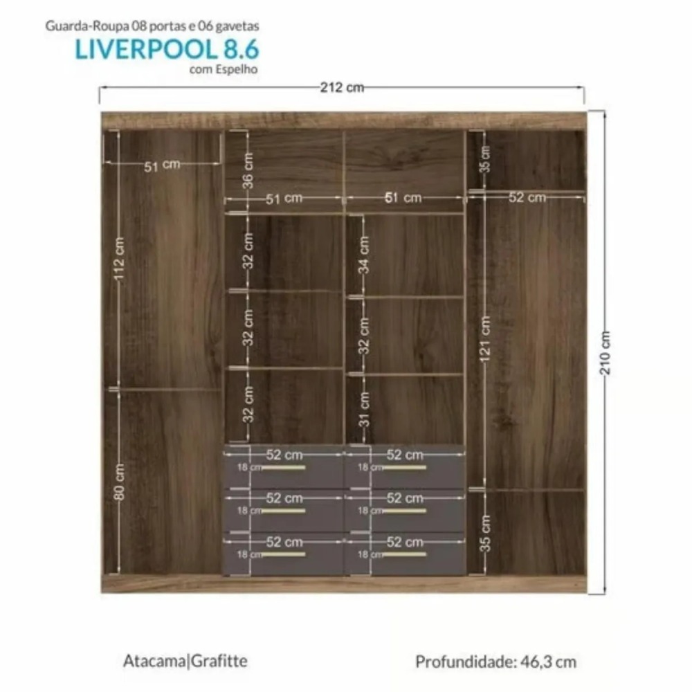 Clóset Liverpool 8 Puerta(s) 6 Cajón(es) 11 Repisa(s) 212x210x46.3 cm Gris