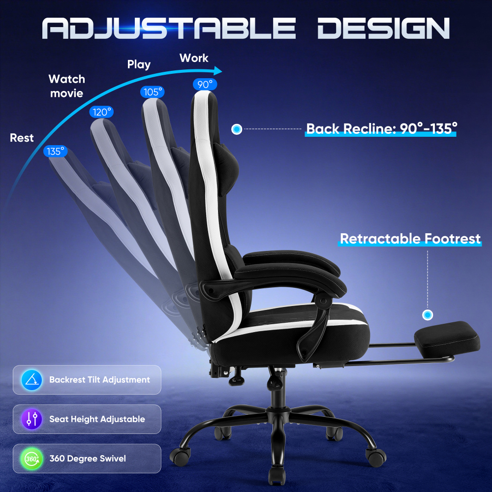 Silla ergonómica JHK para gaming y ordenador: altura ajustable, giro de 360°, con reposacabezas, soporte lumbar y reposabrazos articulados — Para oficina y hogar