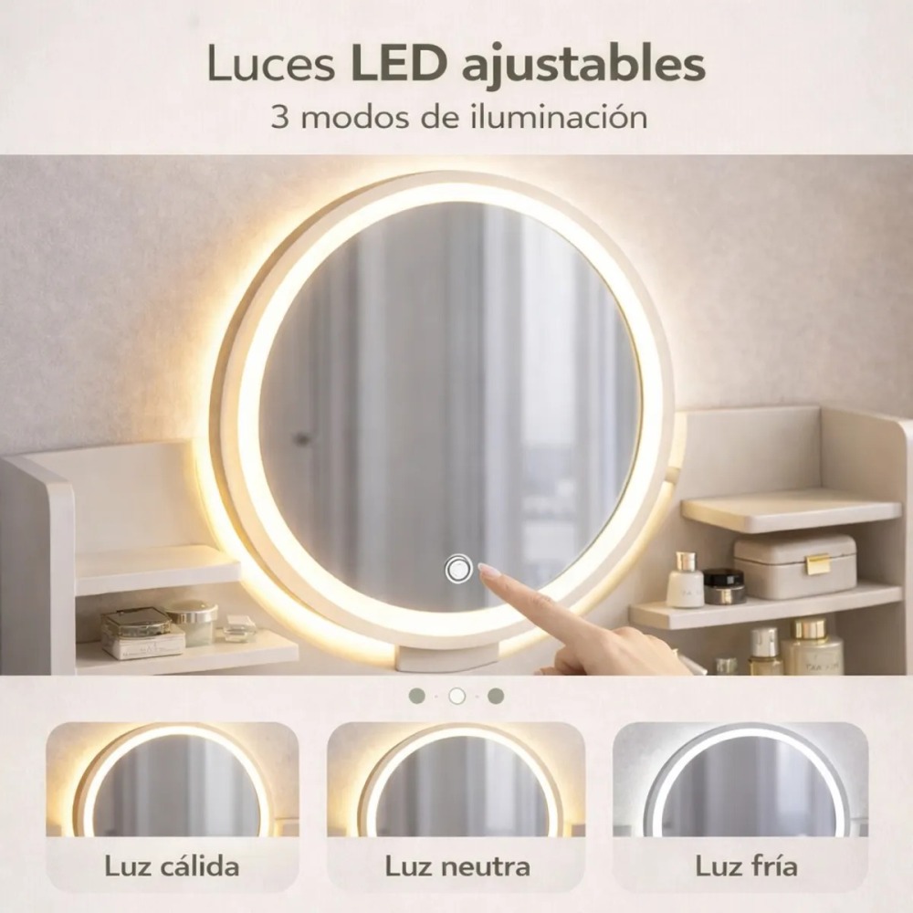 Tocador Con Espejo De Luz Comoda Extendible 130x40x110cm