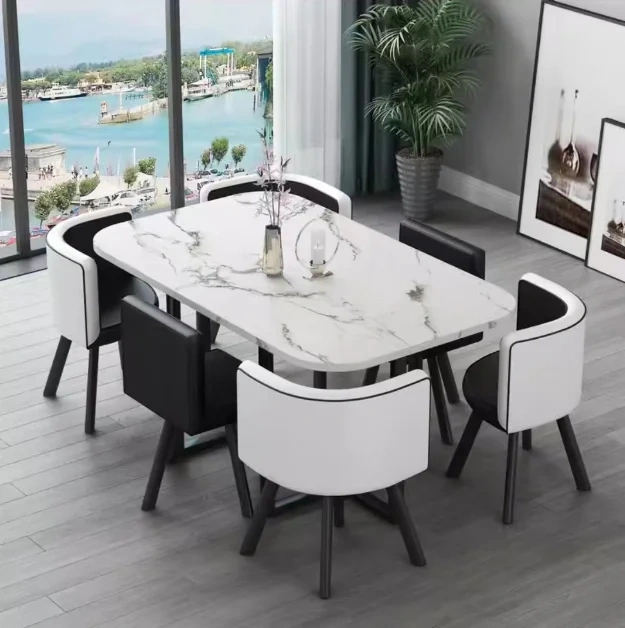 Mesa de comedor clásica moderna con encimera de mármol blanco, nueva (2026), para sala de estar con juego de 6 sillas
