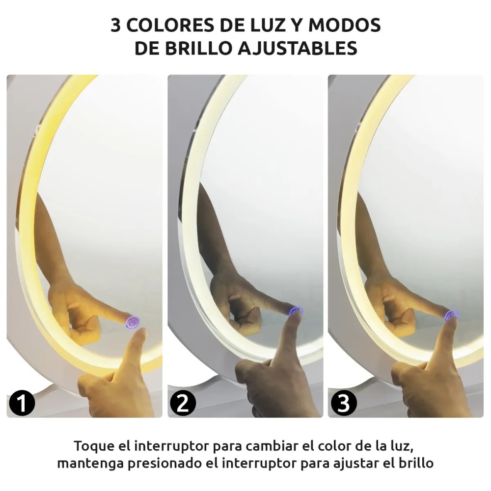Tocador con espejo iluminado y taburete acolchado blanco