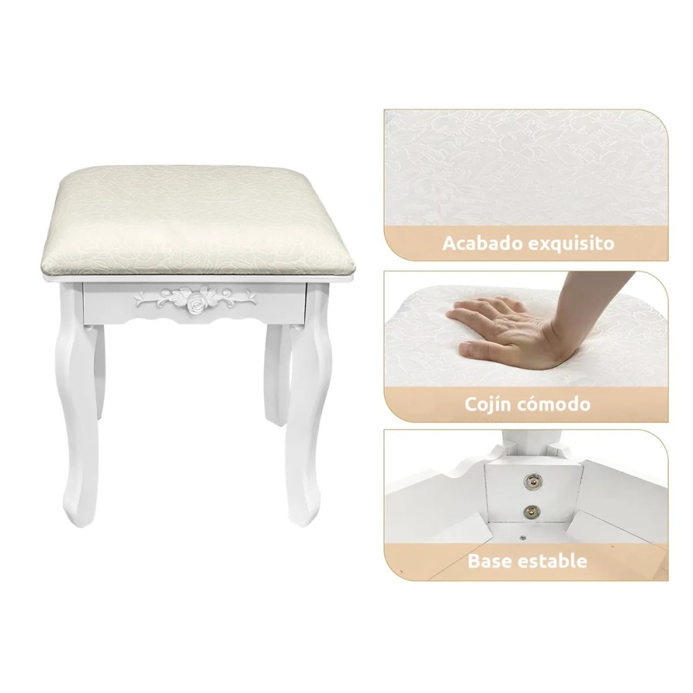 Tocador con espejo iluminado y taburete acolchado blanco