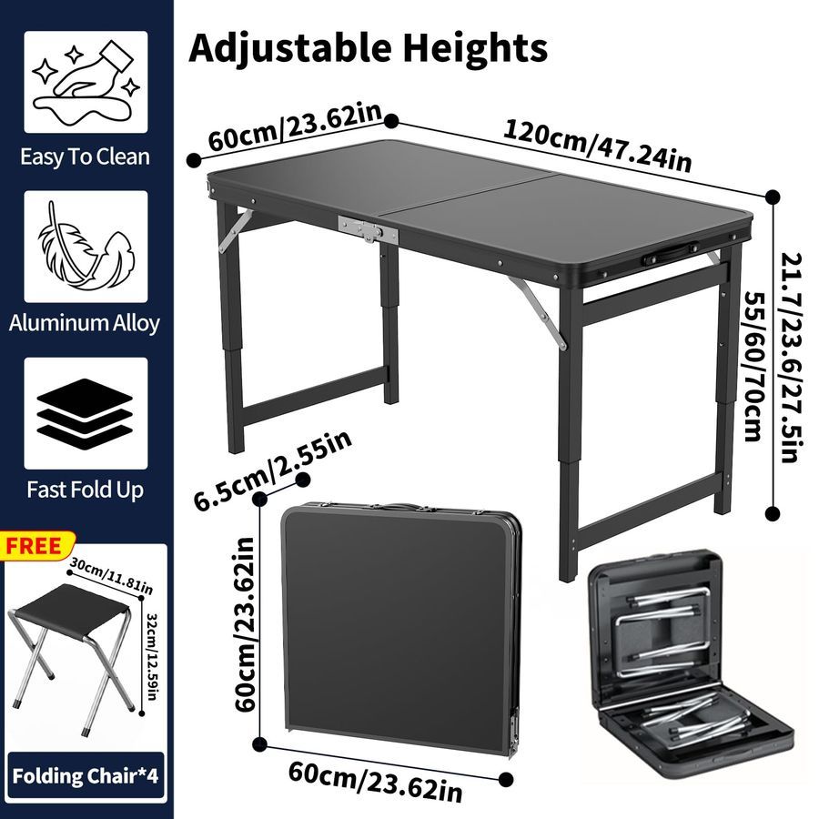 Mesa de cartas plegable y portátil con sillas, mesa plegable de 4 pies con altura ajustable