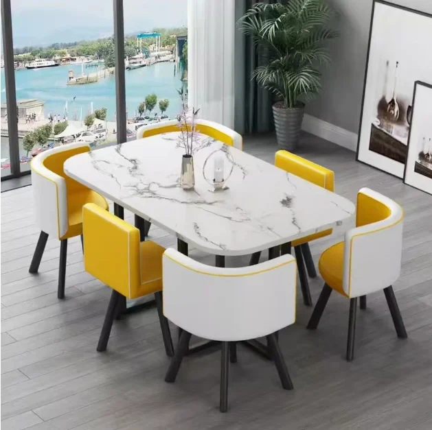 Mesa de comedor clásica moderna con encimera de mármol blanco, nueva (2026), para sala de estar con juego de 6 sillas