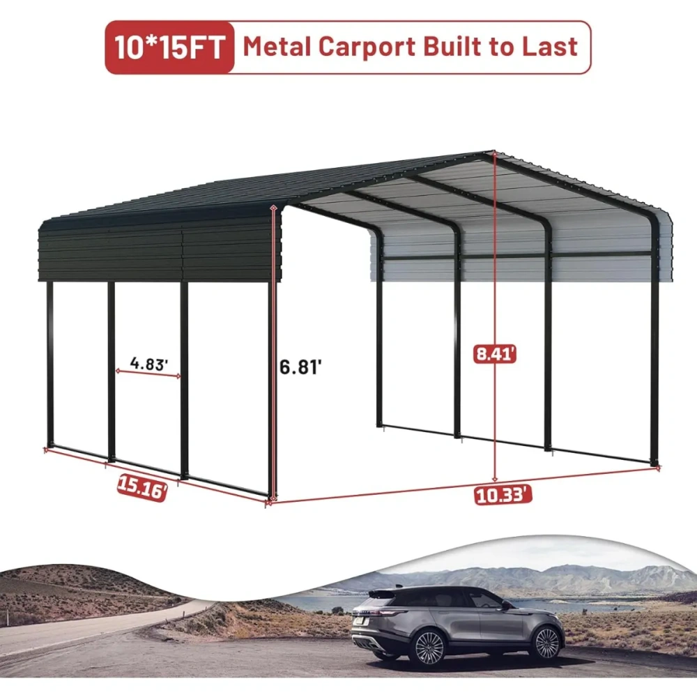 Metal Carport 10 X 15 FT With Heavy Duty Frame & Galvanized Steel Roof, Metal Car Garage, Sturdy Canopy Shelter For Car
