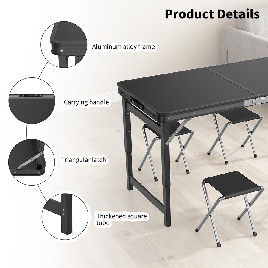 Mesa de cartas plegable y portátil con sillas, mesa plegable de 4 pies con altura ajustable