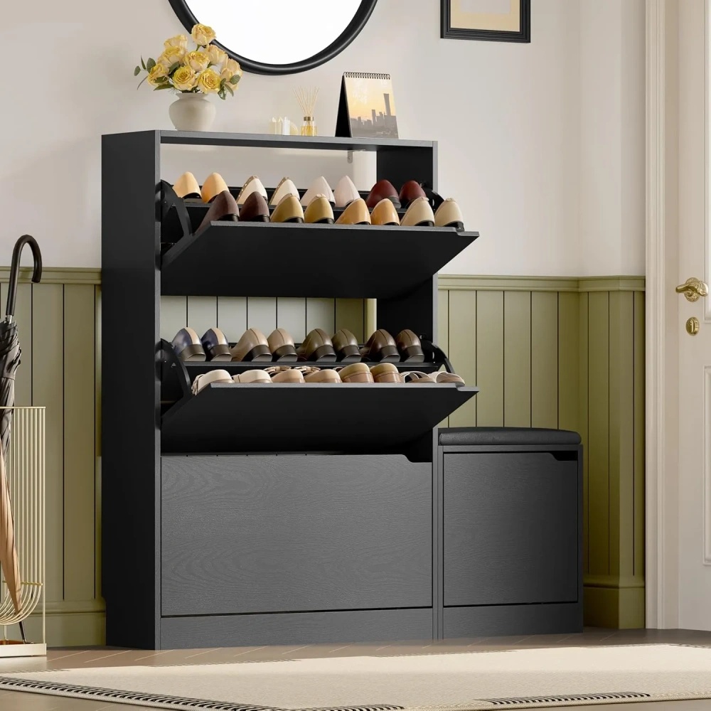 Zapatero estrecho con banco, 3 cajones abatibles, estantes ajustables y extraíbles, sistema antivuelco; ideal para entrada, pasillo o recibidor (personalizable)