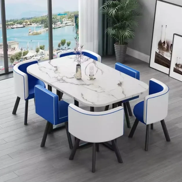 Mesa de comedor clásica moderna con encimera de mármol blanco, nueva (2026), para sala de estar con juego de 6 sillas