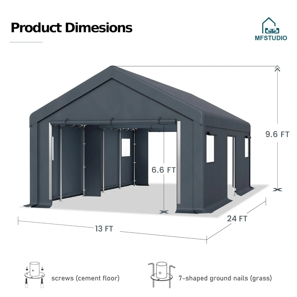 Cochera resistente de 13x24 pies, refugio de almacenamiento portátil para exteriores con puertas enrollables con cremallera, tamaño extragrande, personalizable.