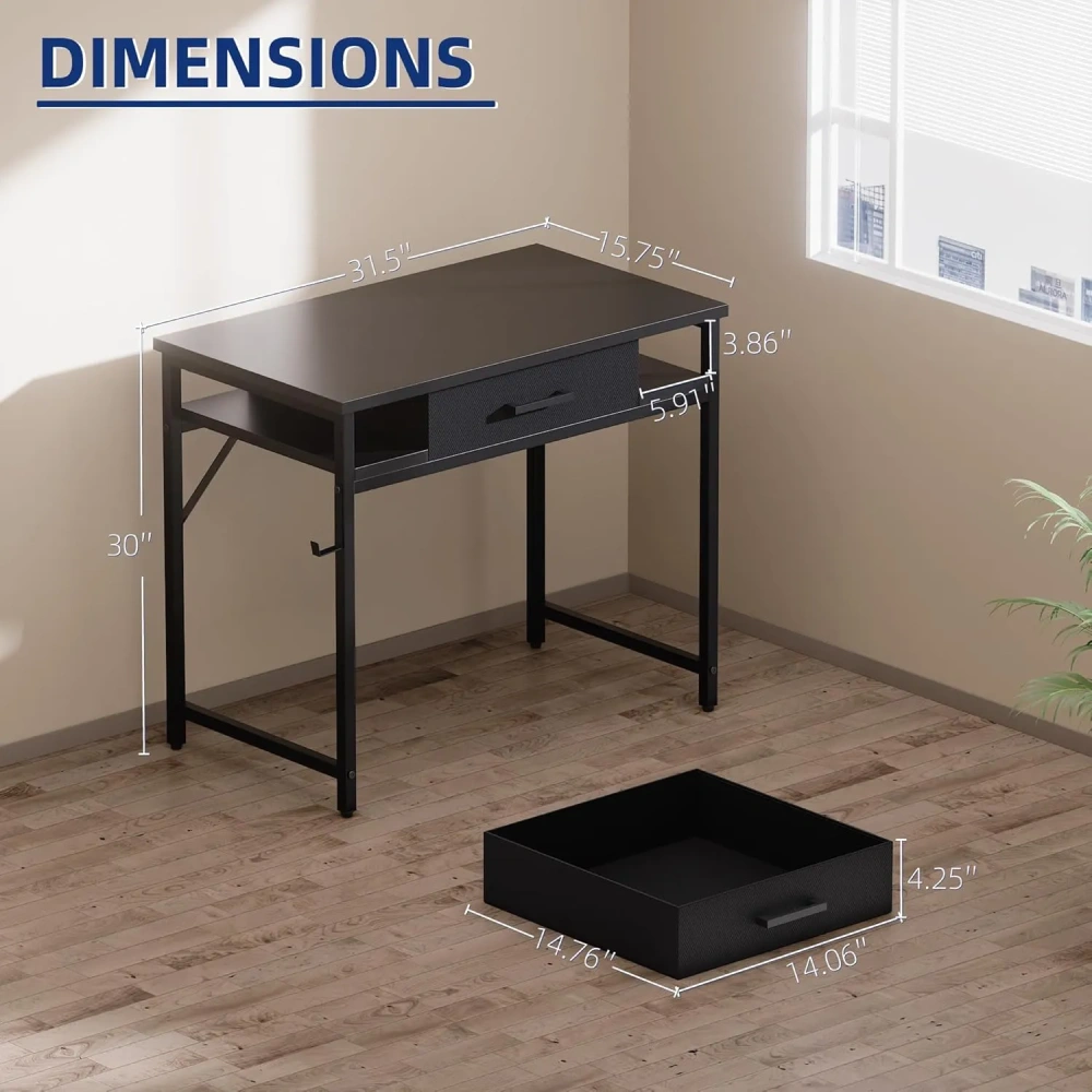 Escritorio compacto para computadora de 32 pulgadas con cajón y estantes — Mesa de estudio gris para dormitorio