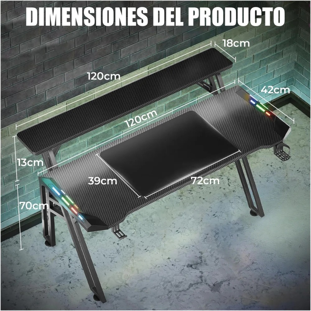 Set Silla Gamer Con Reposapiés y Escritorio Gamer Estantes RGB 120cm Con Luz