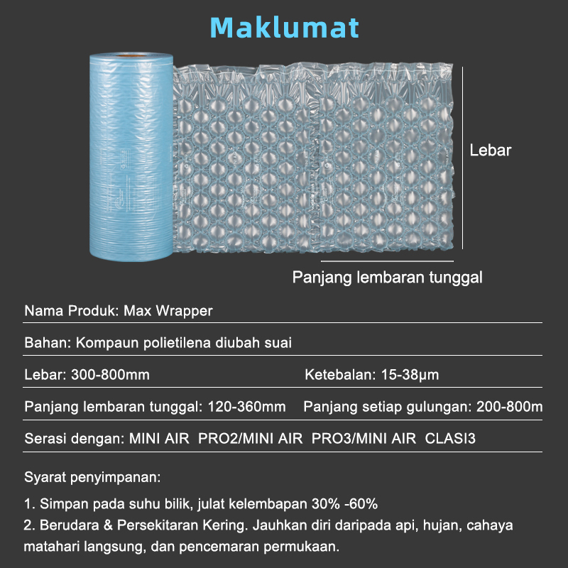 Spesifikasi teknik Max Wrapper: polietilena diubah suai, ketebalan 15-38um & saiz gulungan