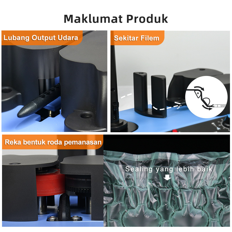 Reka bentuk mesin bantal udara: Lubang output udara, filem sekitar & roda pemanasan untuk pengedap