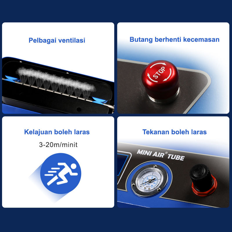 Fungsi utama Mesin Kolom Udara: Kelajuan/Tekanan boleh laras, ventilasi & butang berhenti kecemasan