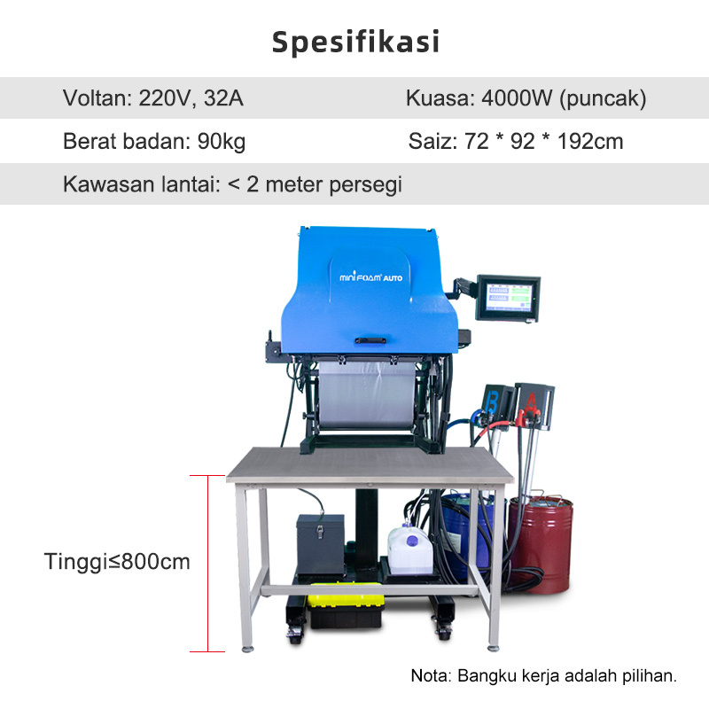Spesifikasi MFA01: Mesin Buih Automatik, saiz 72x92x192cm & kawasan lantai < 2m²