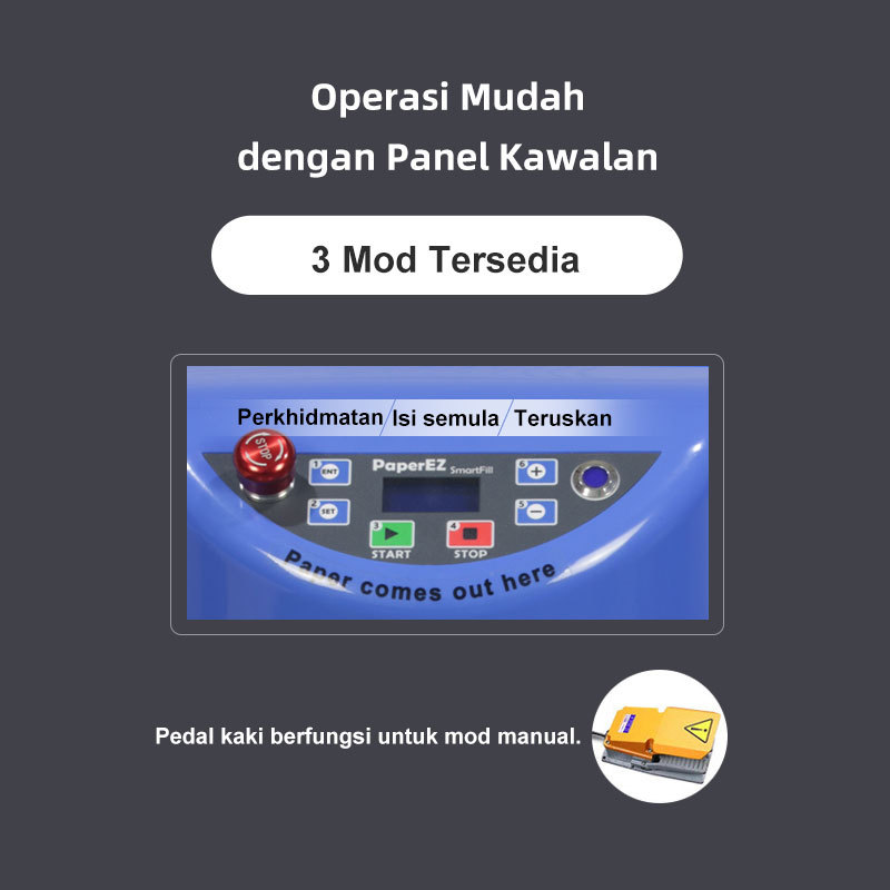 Panel Kawalan: Mesin SmartFill 3 mod, operasi mudah & dilengkapi pedal kaki