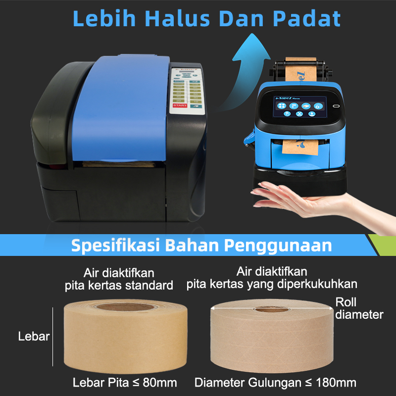 Spesifikasi TapeZ Nova 2.0, menunjukkan keserasian pita diaktifkan air, lebar pita sehingga 80mm, dan diameter gulungan maksimum 180mm.